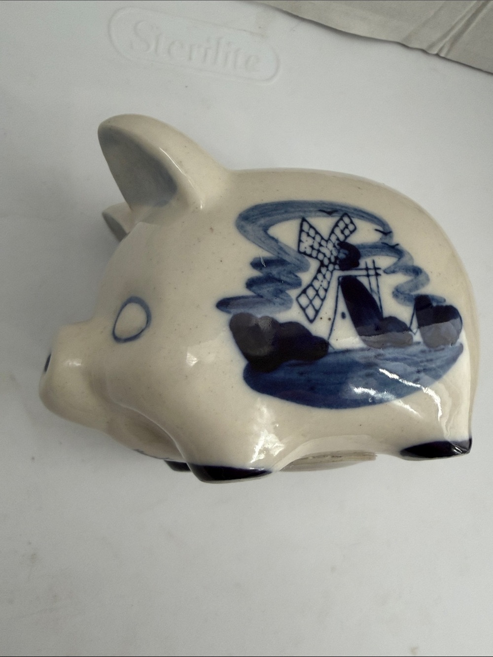 Delft Blue Hand-Painted Ceramic Pig Figurine with Holland windmill